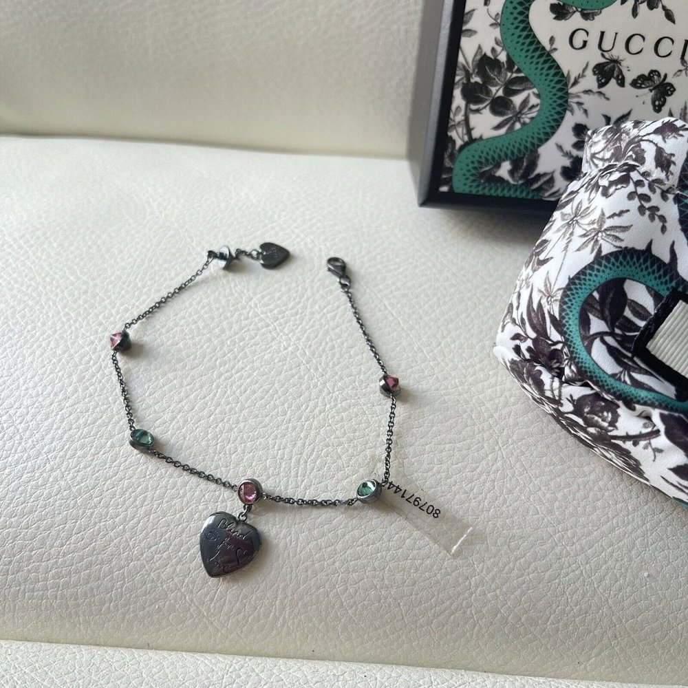 NEW GUCCI Bracelet Chain Blind for Love Heart Pink Green Bijou Silver Ag925 17 - Picture 5 of 6
